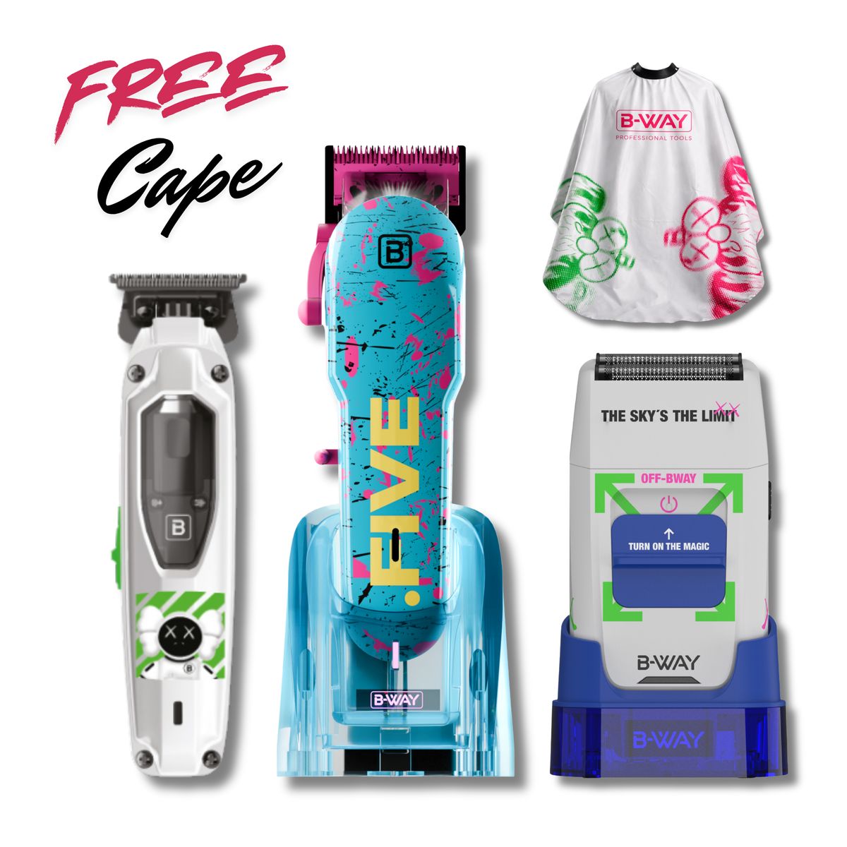 B-Way NEW Five Shorty Clipper, T-Pro Trimmer & OFF Shaver - Professional 3-in-1 Barber Set with Free Barber Cape
