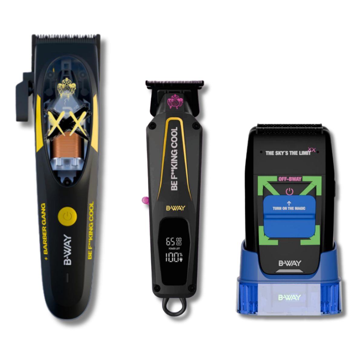 B-WAY Professional Barber Clipper Trimmer & Foil Shaver Set - B10K Hair Clipper, CUTZ Dark Trimmer & OFF Black Shaver - Cordless 3-in-1 Barber Grooming Kit for Fades, Outlining & Finishing