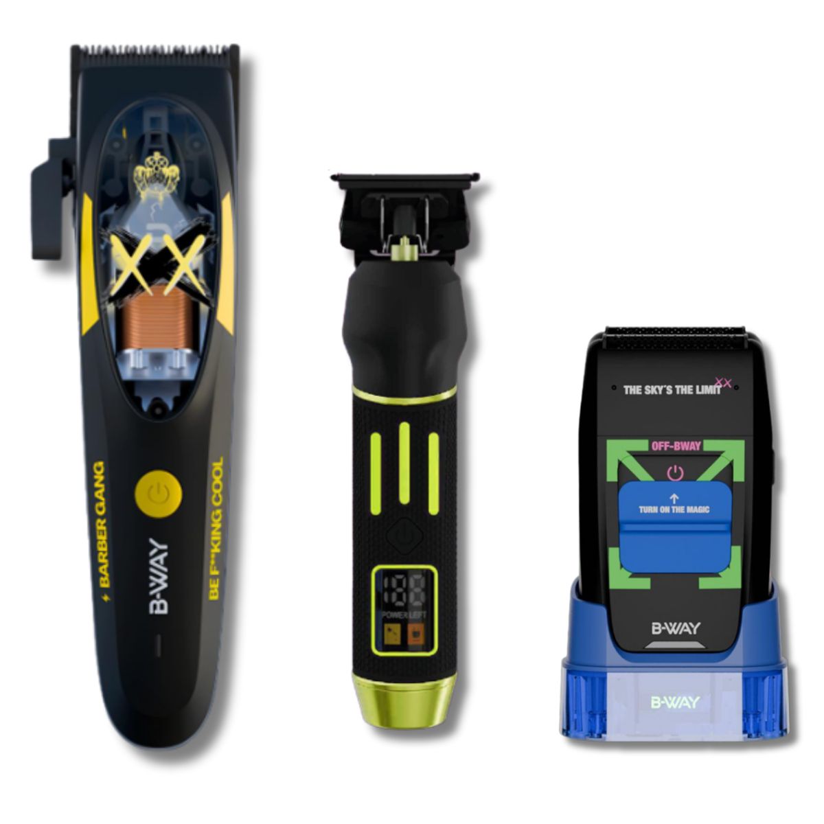 B-WAY Professional Barber Kit - Cordless Hair Clipper, Trimmer & Foil Shaver Set - B10K 10,000 RPM Clipper, Golden Gate Detail Trimmer & OFF Black Shaver for Fades, Haircuts & Finishing