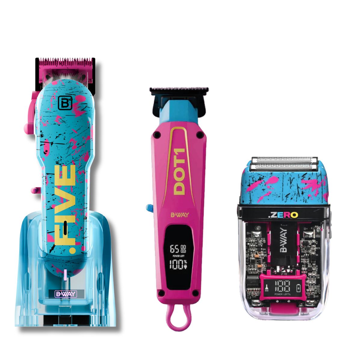 B-WAY Professional Barber Kit - Cordless Hair Clipper, Trimmer & Foil Shaver Set - New Five Clipper, DOT 1 Detail Trimmer & Zero Shaver for Fades, Haircuts, Detailing & Finishing