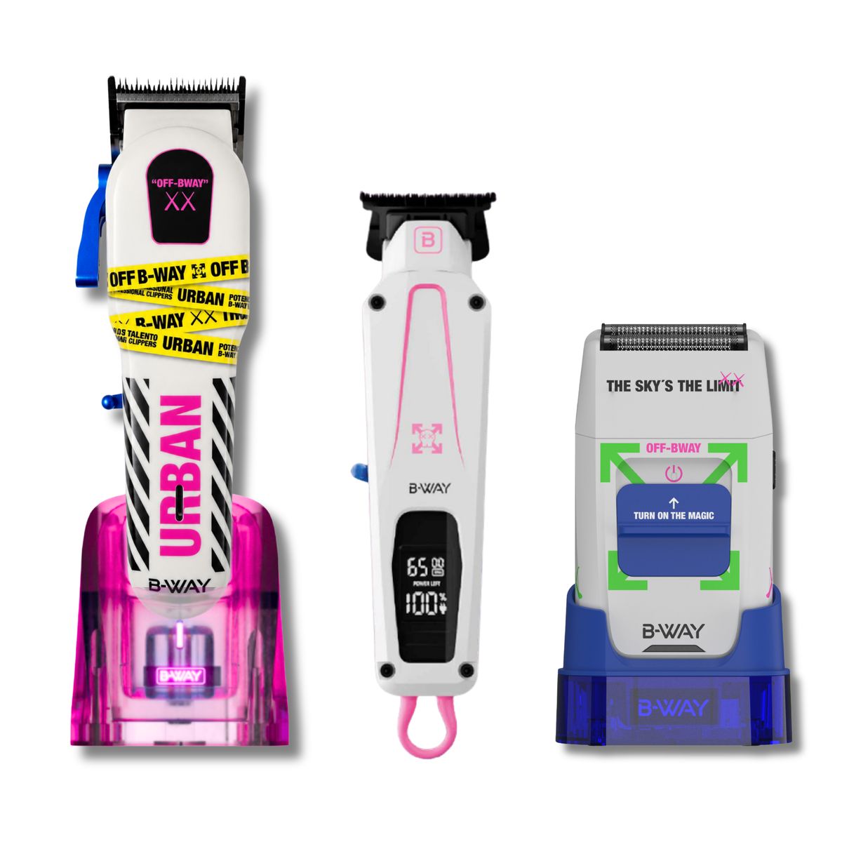 B-WAY Professional Barber Kit - Cordless Hair Clipper, Trimmer & Foil Shaver Set - Urban New Clipper, CUTZ White Detail Trimmer & OFF White Shaver for Fades, Haircuts & Finishing
