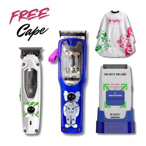 B-Way Lo-Pro X Brushless Clipper, T-Pro Brushless Trimmer & OFF Shaver - Professional 3-in-1 Barber Set + FREE Barber Cape