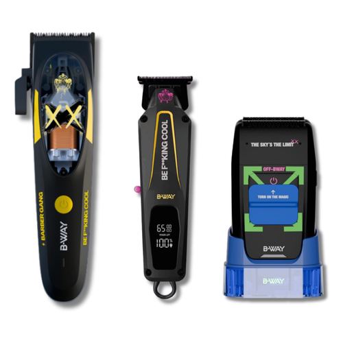 B-WAY Professional Barber Clipper Trimmer & Foil Shaver Set - B10K Hair Clipper, CUTZ Dark Trimmer & OFF Black Shaver - Cordless 3-in-1 Barber Grooming Kit for Fades, Outlining & Finishing