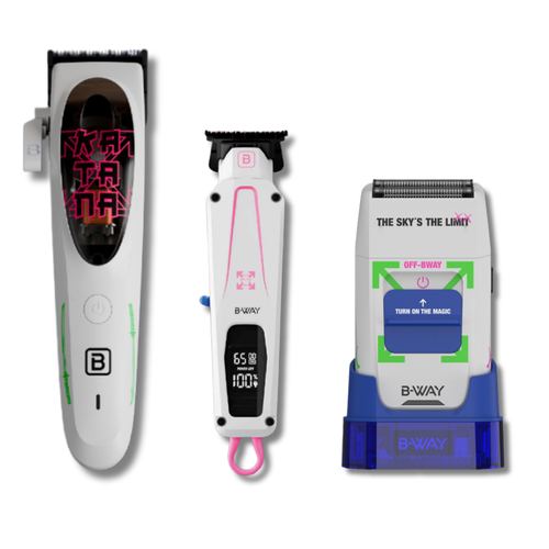 B-WAY Professional Barber Kit - Cordless Hair Clipper, Trimmer & Foil Shaver Set - Katana Clipper, CUTZ White Detail Trimmer & OFF Foil Shaver for Fades, Haircuts & Finishing