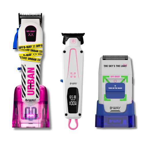 B-WAY Professional Barber Kit - Cordless Hair Clipper, Trimmer & Foil Shaver Set - Urban New Clipper, CUTZ White Detail Trimmer & OFF White Shaver for Fades, Haircuts & Finishing